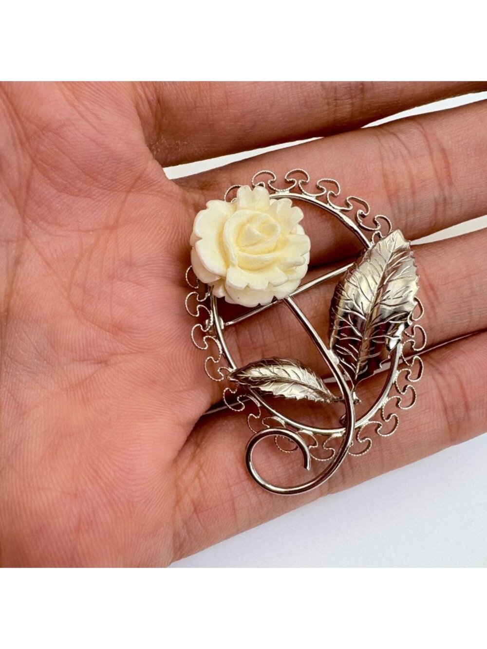 Carved Shell Rose Flower Brooch Size 925 Sterling Silver 1.5" Length